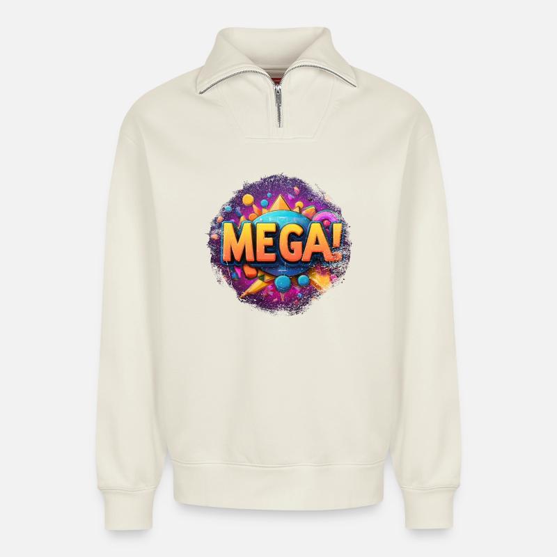 mega Text in 3D - Relaxed Unisex Organic Half Zip Sweatshirt – von SPREAD - Naturweiß