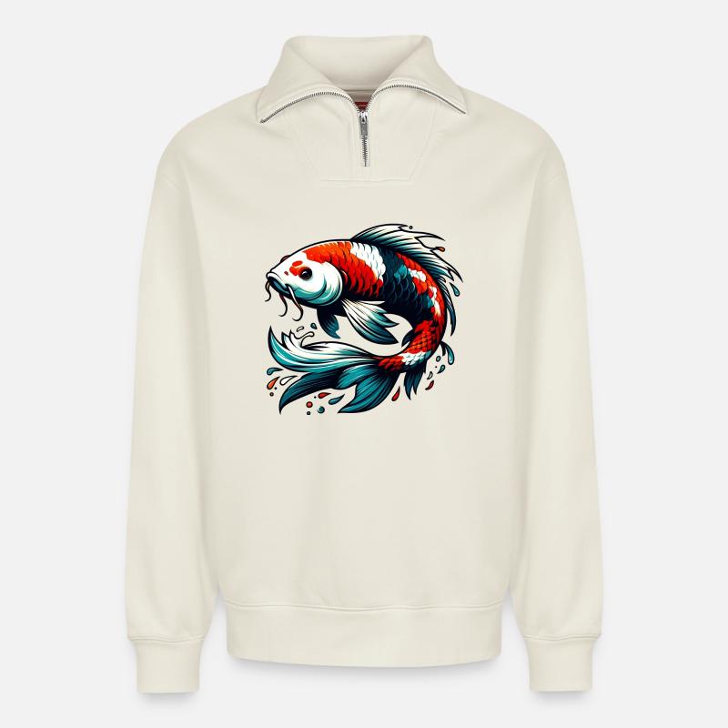Koi-Karpfen - Relaxed Unisex Organic Half Zip Sweatshirt – von SPREAD - Naturweiß