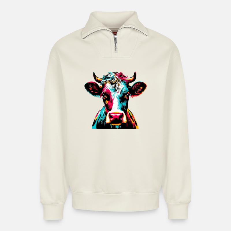 Kuh - Relaxed Unisex Organic Half Zip Sweatshirt – von SPREAD - Naturweiß
