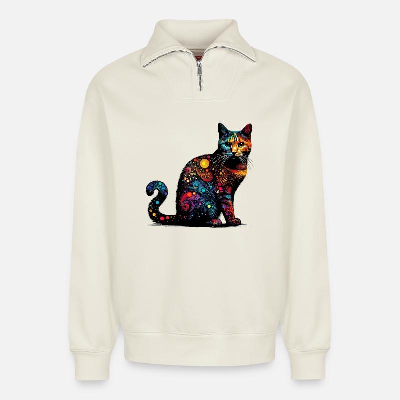 Chat - Sweat unisexe décontracté en coton biologique à demi-zip – de SPREAD - blanc cassé