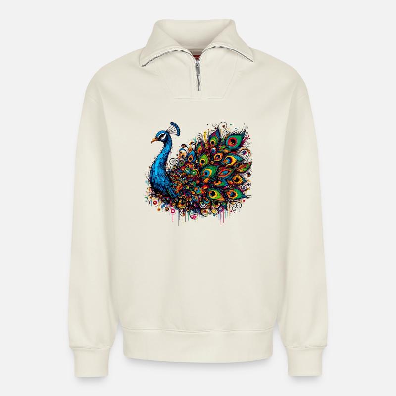 Pfau - Relaxed Unisex Organic Half Zip Sweatshirt – von SPREAD - Naturweiß