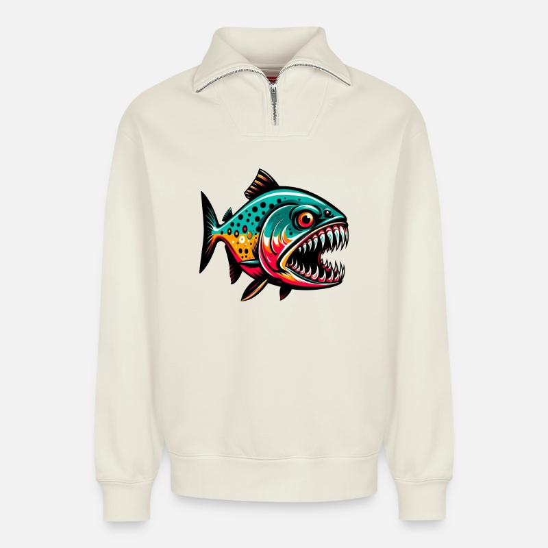 Piranha - Relaxed Unisex Organic Half Zip Sweatshirt – von SPREAD - Naturweiß
