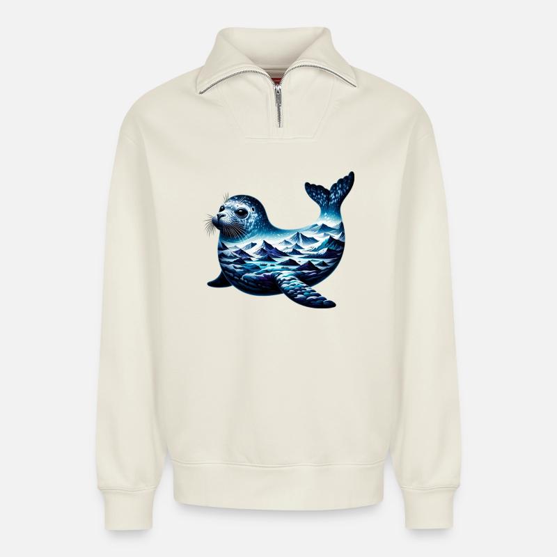 Phoque - Sweat unisexe décontracté en coton biologique à demi-zip – de SPREAD - blanc cassé