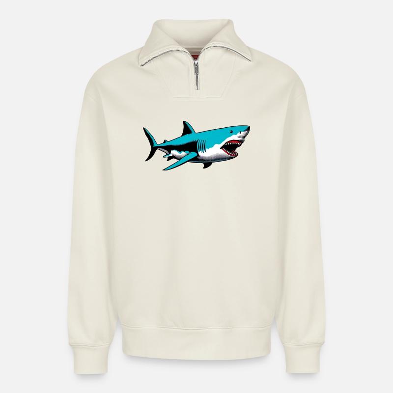 Requin - Sweat unisexe décontracté en coton biologique à demi-zip – de SPREAD - blanc cassé