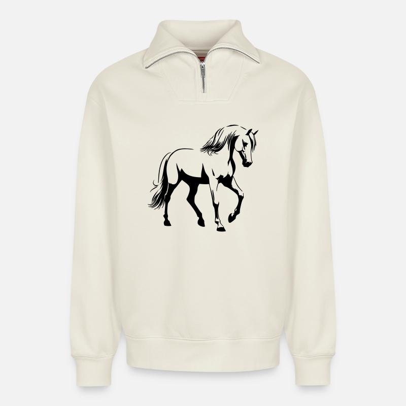Cheval Arabe - Sweat unisexe décontracté en coton biologique à demi-zip – de SPREAD - blanc cassé