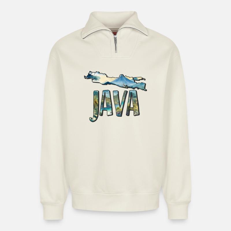 Carte aquarelle Java - Sweat unisexe décontracté en coton biologique à demi-zip – de SPREAD - blanc cassé