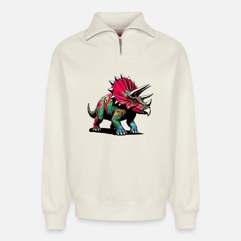 Dinosaure - Sweat unisexe décontracté en coton biologique à demi-zip – de SPREAD - blanc cassé