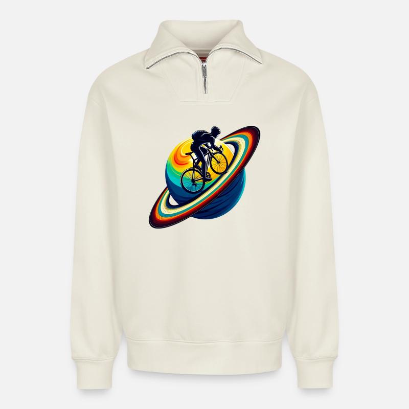 Radfahrer auf dem Saturn - Relaxed Unisex Organic Half Zip Sweatshirt – von SPREAD - Naturweiß