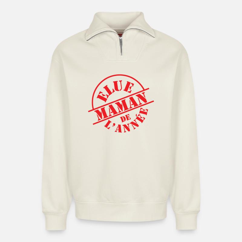 Elue Maman de l'année - Sweat unisexe décontracté en coton biologique à demi-zip – de SPREAD - blanc cassé