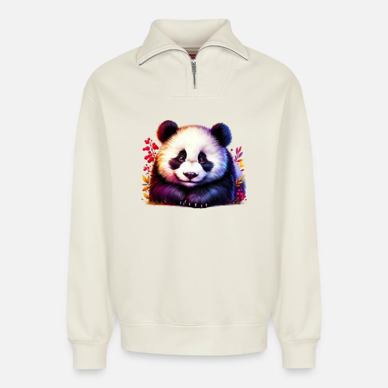 Panda - Relaxed Unisex Organic Half Zip Sweatshirt – von SPREAD - Naturweiß