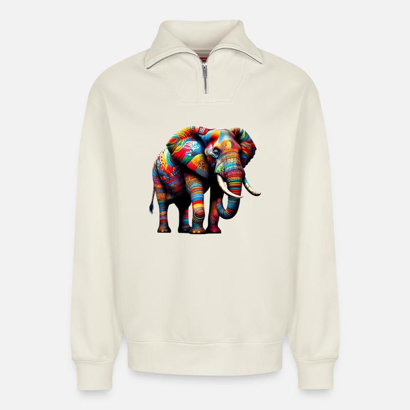 Éléphant - Sweat unisexe décontracté en coton biologique à demi-zip – de SPREAD - blanc cassé