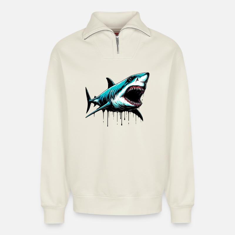 Requin - Sweat unisexe décontracté en coton biologique à demi-zip – de SPREAD - blanc cassé