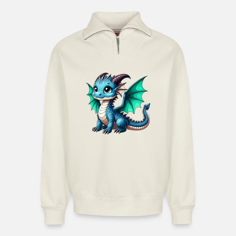 Drache - Relaxed Unisex Organic Half Zip Sweatshirt – von SPREAD - Naturweiß
