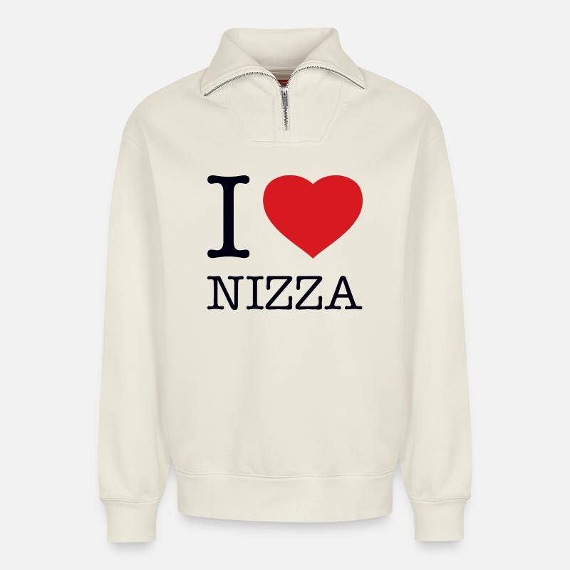 I LOVE NIZZA - Relaxed Unisex Organic Half Zip Sweatshirt – von SPREAD - Naturweiß
