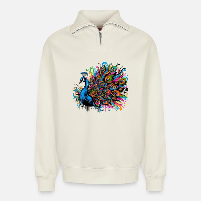 Pfau - Relaxed Unisex Organic Half Zip Sweatshirt – von SPREAD - Naturweiß