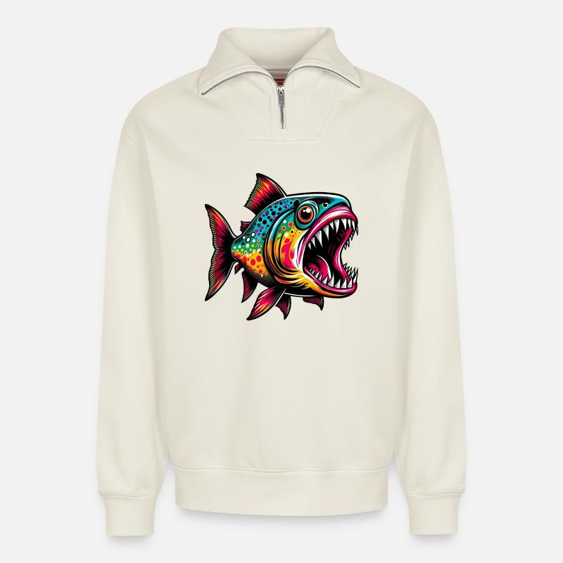 Piranha - Relaxed Unisex Organic Half Zip Sweatshirt – von SPREAD - Naturweiß
