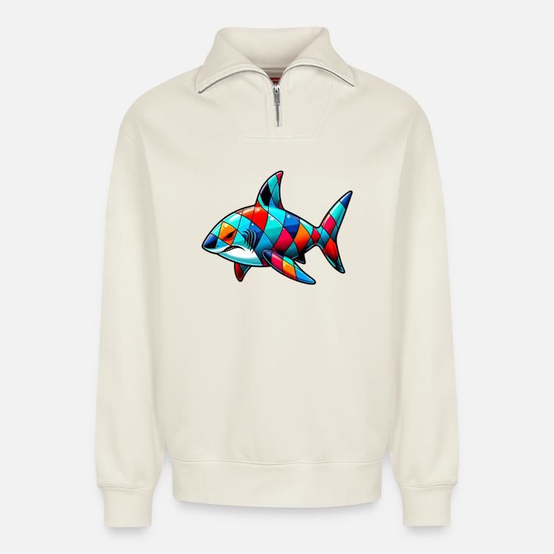 Requin - Sweat unisexe décontracté en coton biologique à demi-zip – de SPREAD - blanc cassé