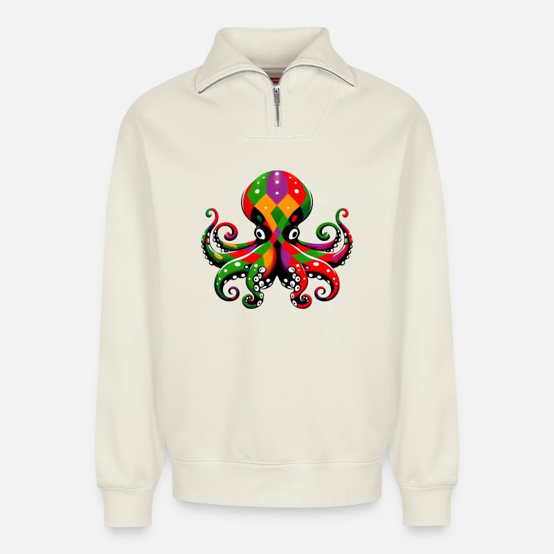Krake - Relaxed Unisex Organic Half Zip Sweatshirt – von SPREAD - Naturweiß