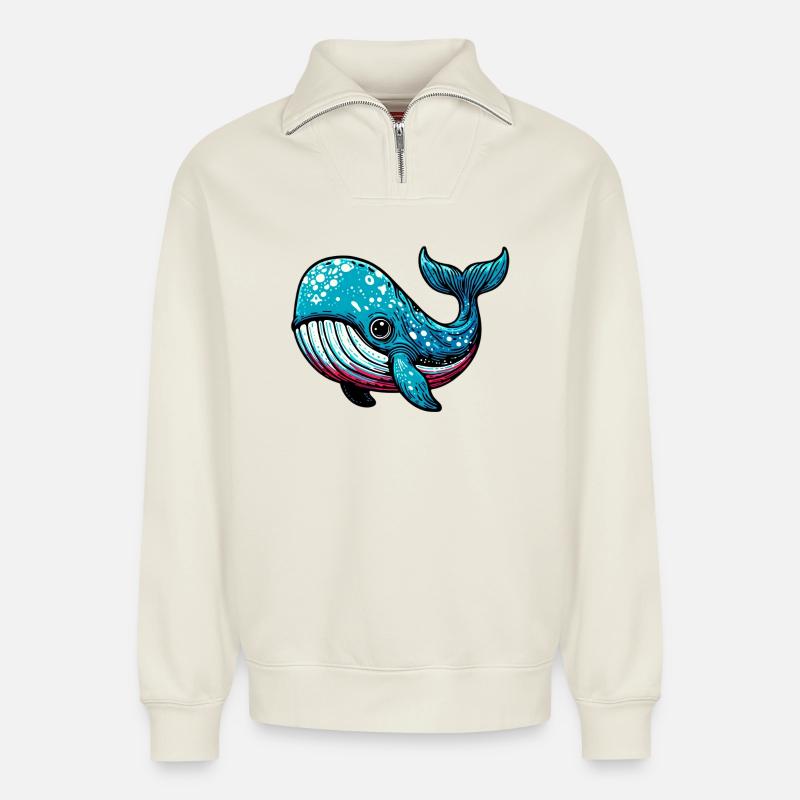 Baleine - Sweat unisexe décontracté en coton biologique à demi-zip – de SPREAD - blanc cassé