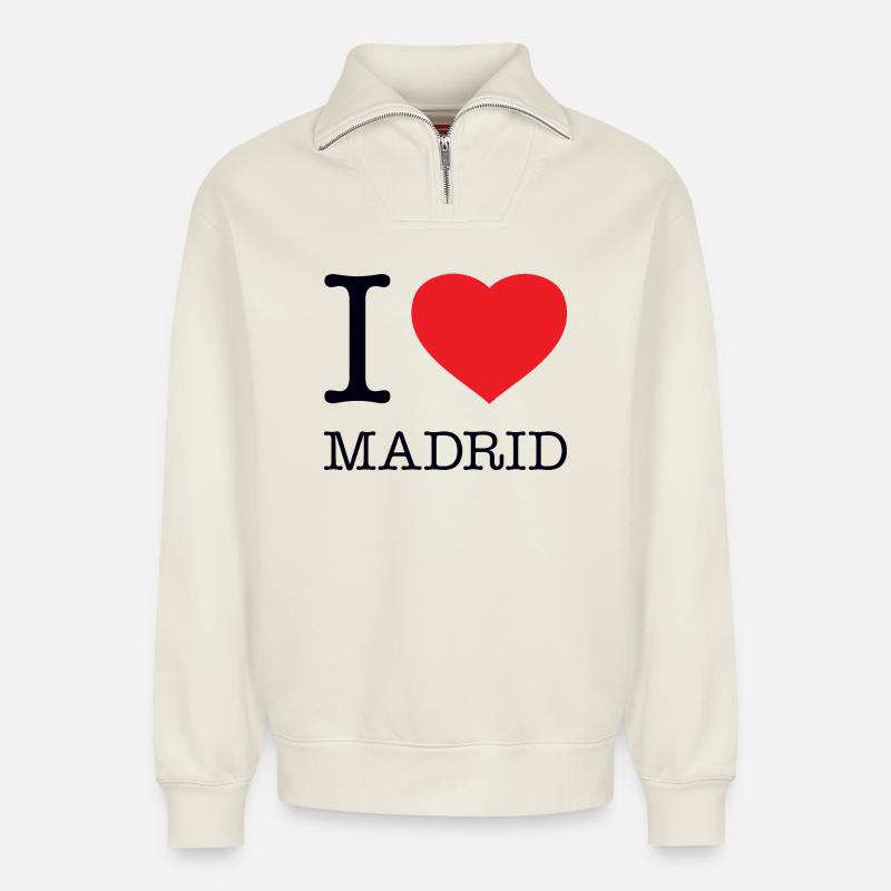 I LOVE MADRID - Relaxed Unisex Organic Half Zip Sweatshirt – von SPREAD - Naturweiß