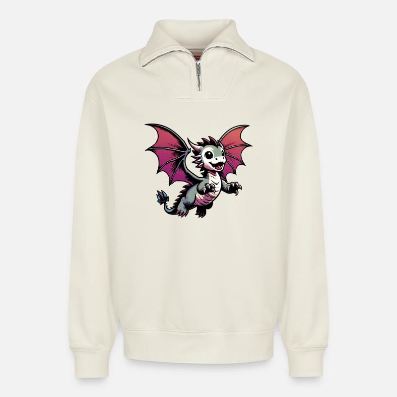 Drache - Relaxed Unisex Organic Half Zip Sweatshirt – von SPREAD - Naturweiß