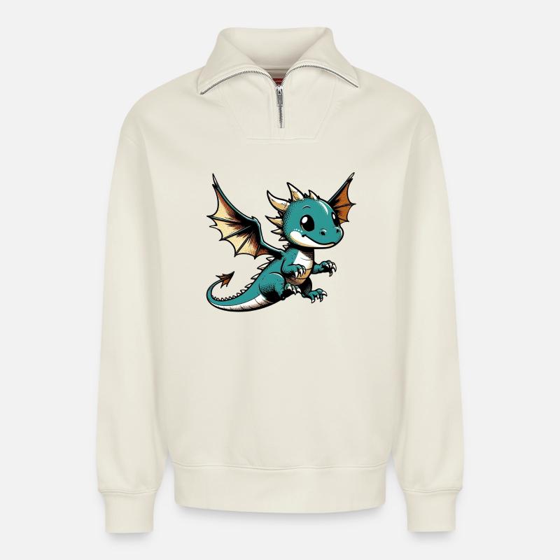 Drache - Relaxed Unisex Organic Half Zip Sweatshirt – von SPREAD - Naturweiß
