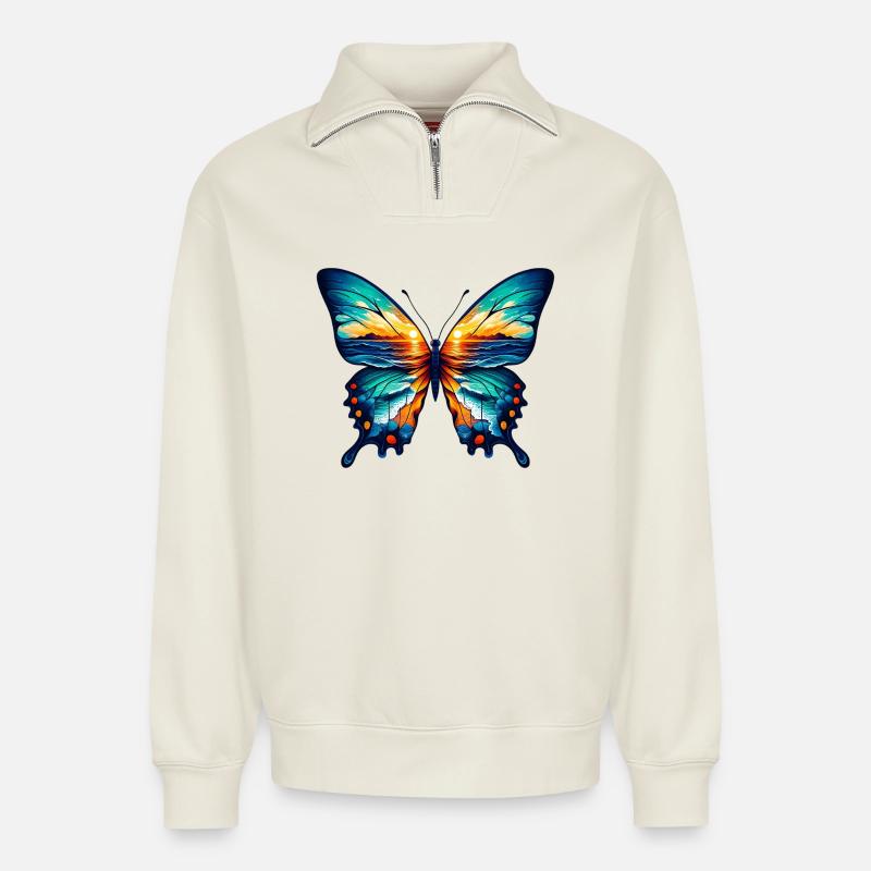 Schmetterling - Relaxed Unisex Organic Half Zip Sweatshirt – von SPREAD - Naturweiß