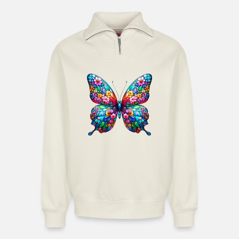 Schmetterling - Relaxed Unisex Organic Half Zip Sweatshirt – von SPREAD - Naturweiß