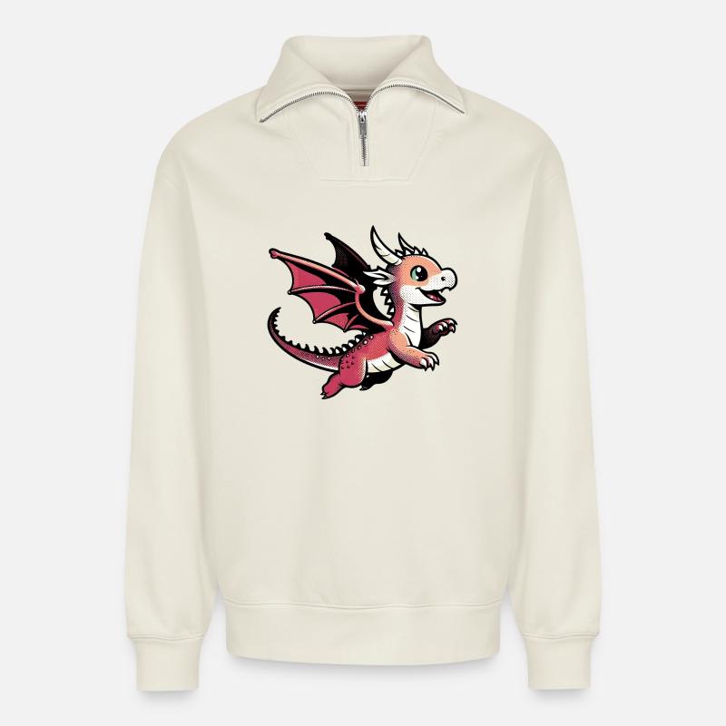 Drache - Relaxed Unisex Organic Half Zip Sweatshirt – von SPREAD - Naturweiß