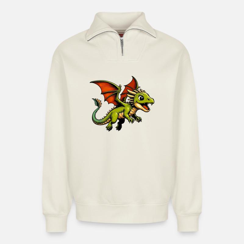 Drache - Relaxed Unisex Organic Half Zip Sweatshirt – von SPREAD - Naturweiß