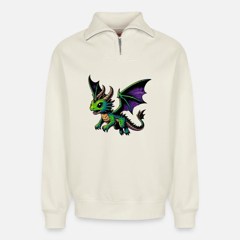 Drache - Relaxed Unisex Organic Half Zip Sweatshirt – von SPREAD - Naturweiß