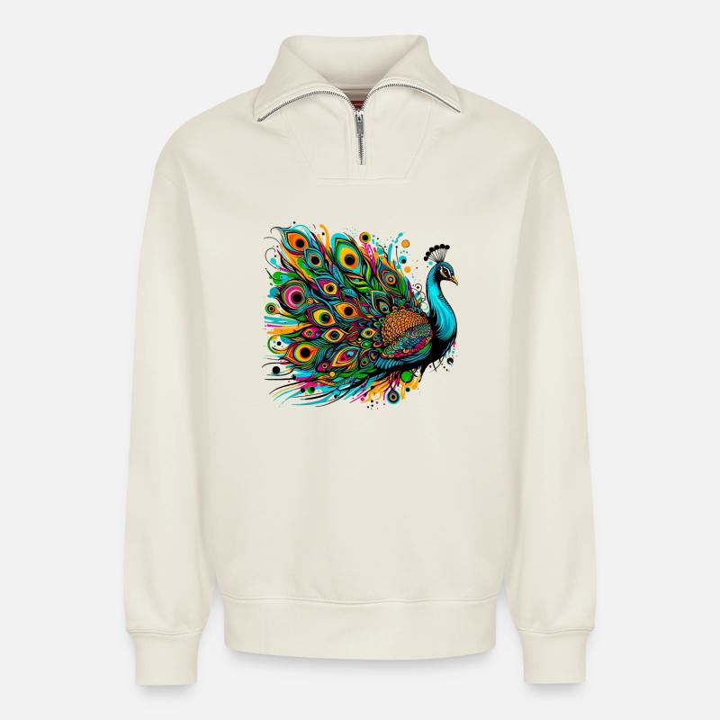 Pfau - Relaxed Unisex Organic Half Zip Sweatshirt – von SPREAD - Naturweiß