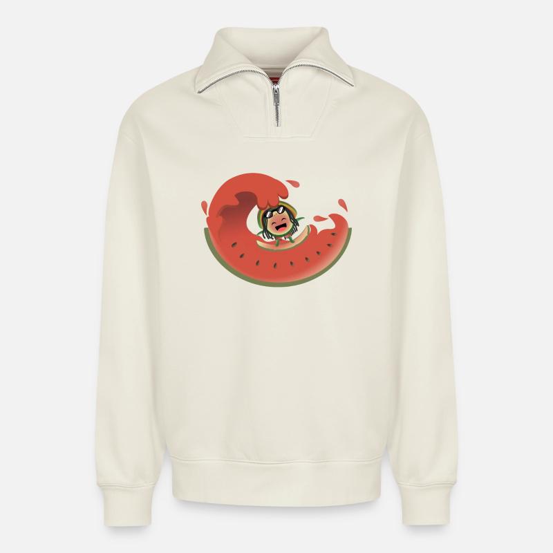 Surf pastèque - Sweat unisexe décontracté en coton biologique à demi-zip – de SPREAD - blanc cassé