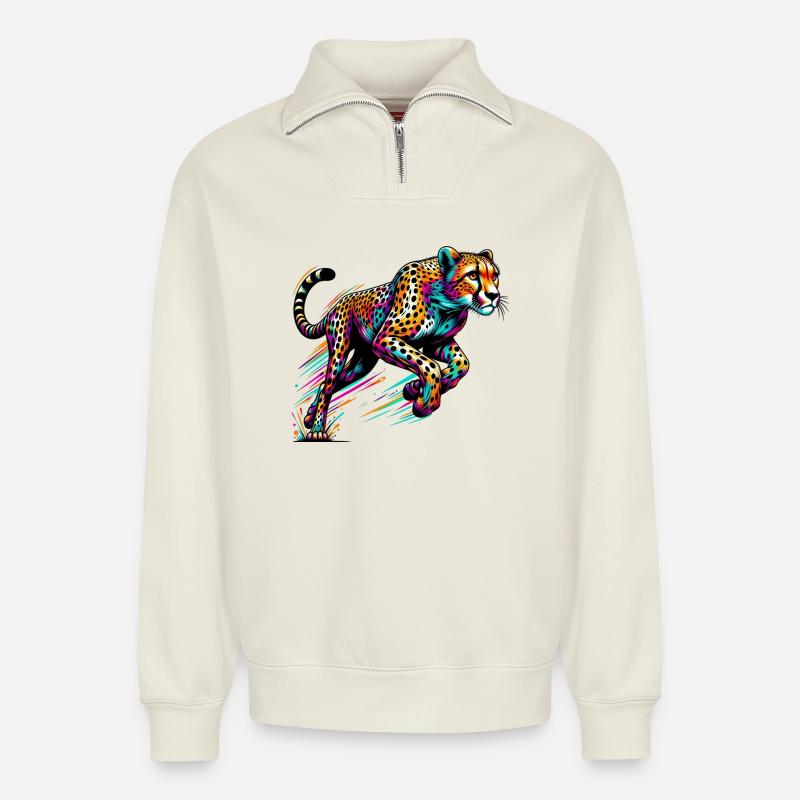 Guépard - Sweat unisexe décontracté en coton biologique à demi-zip – de SPREAD - blanc cassé