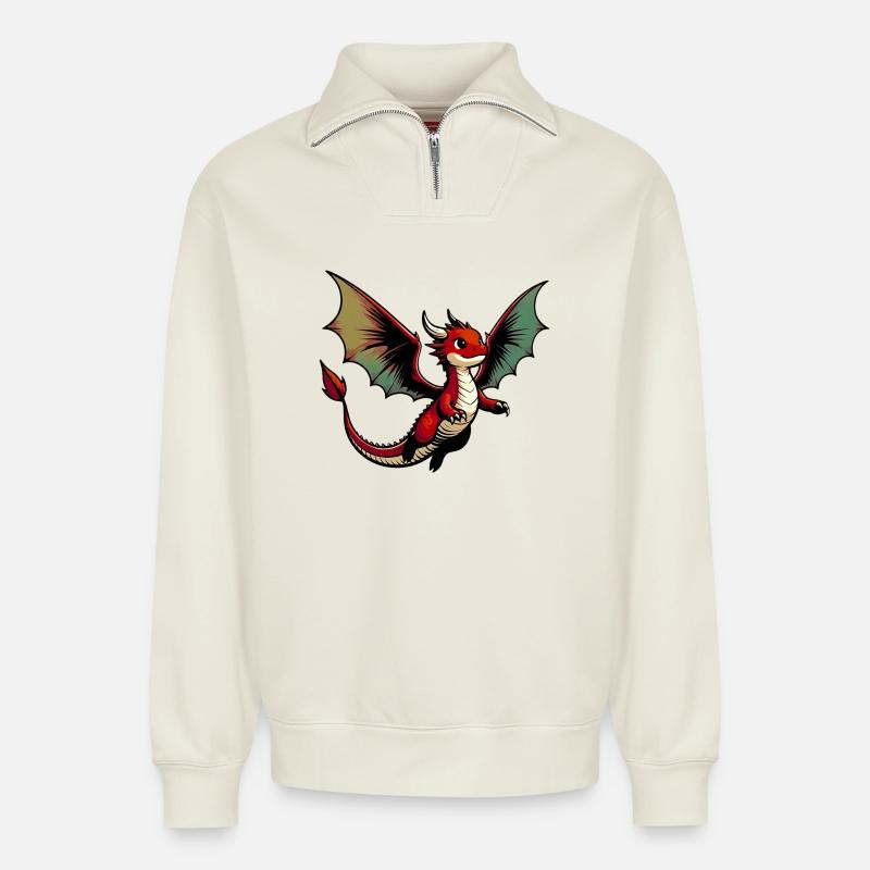 Drache - Relaxed Unisex Organic Half Zip Sweatshirt – von SPREAD - Naturweiß