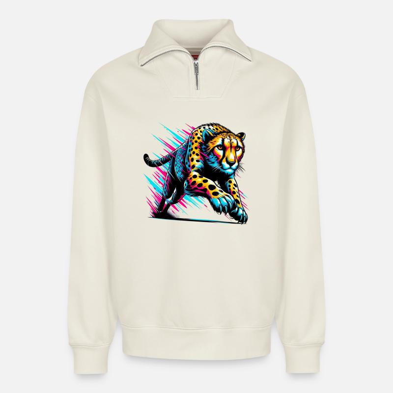 Guépard - Sweat unisexe décontracté en coton biologique à demi-zip – de SPREAD - blanc cassé