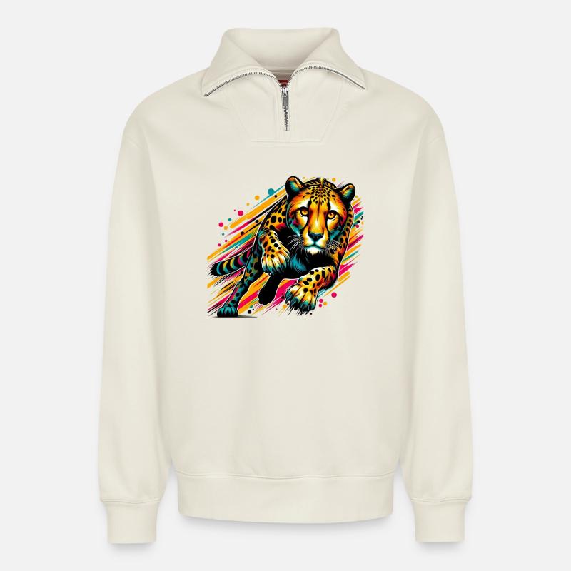 Guépard - Sweat unisexe décontracté en coton biologique à demi-zip – de SPREAD - blanc cassé