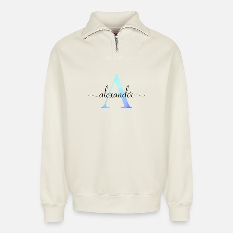 A| Monogramme | Nom | Alexandre | Aquarelle - Sweat unisexe décontracté en coton biologique à demi-zip – de SPREAD - blanc cassé