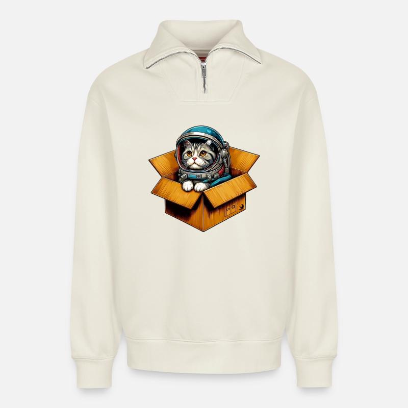 Astronaut Katze - Relaxed Unisex Organic Half Zip Sweatshirt – von SPREAD - Naturweiß