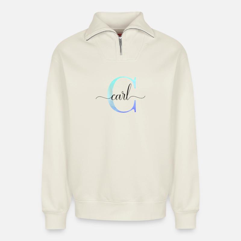 C| Monogramme | Nom | Carl | Aquarelle - Sweat unisexe décontracté en coton biologique à demi-zip – de SPREAD - blanc cassé