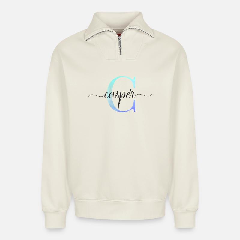 C| Monogramme | Nom | Casper | Aquarelle - Sweat unisexe décontracté en coton biologique à demi-zip – de SPREAD - blanc cassé