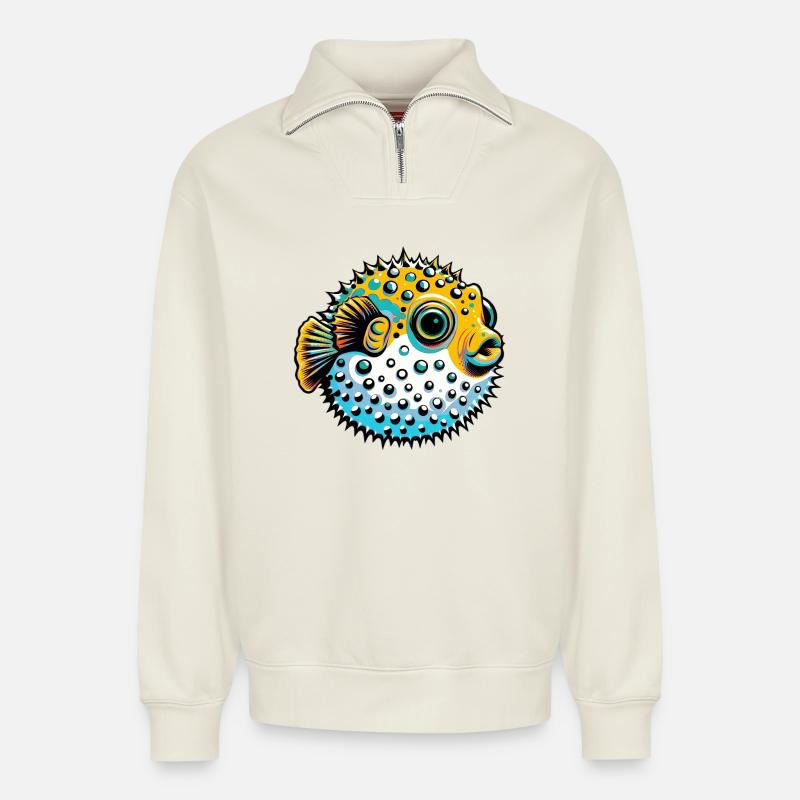 Kugelfisch - Relaxed Unisex Organic Half Zip Sweatshirt – von SPREAD - Naturweiß
