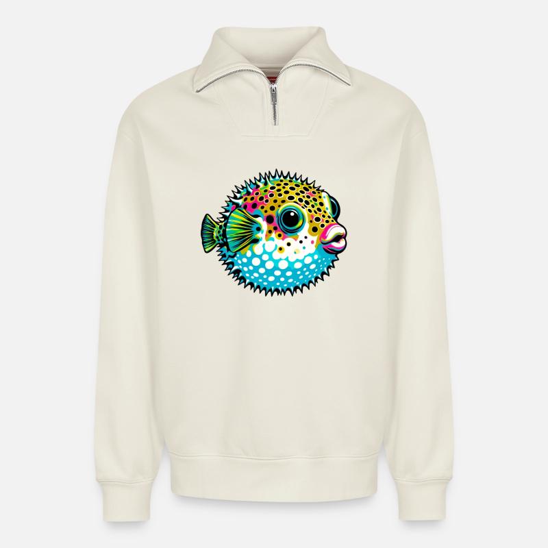 Kugelfisch - Relaxed Unisex Organic Half Zip Sweatshirt – von SPREAD - Naturweiß