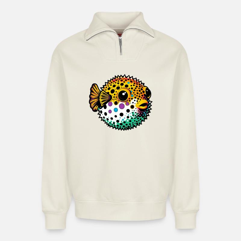 Kugelfisch - Relaxed Unisex Organic Half Zip Sweatshirt – von SPREAD - Naturweiß
