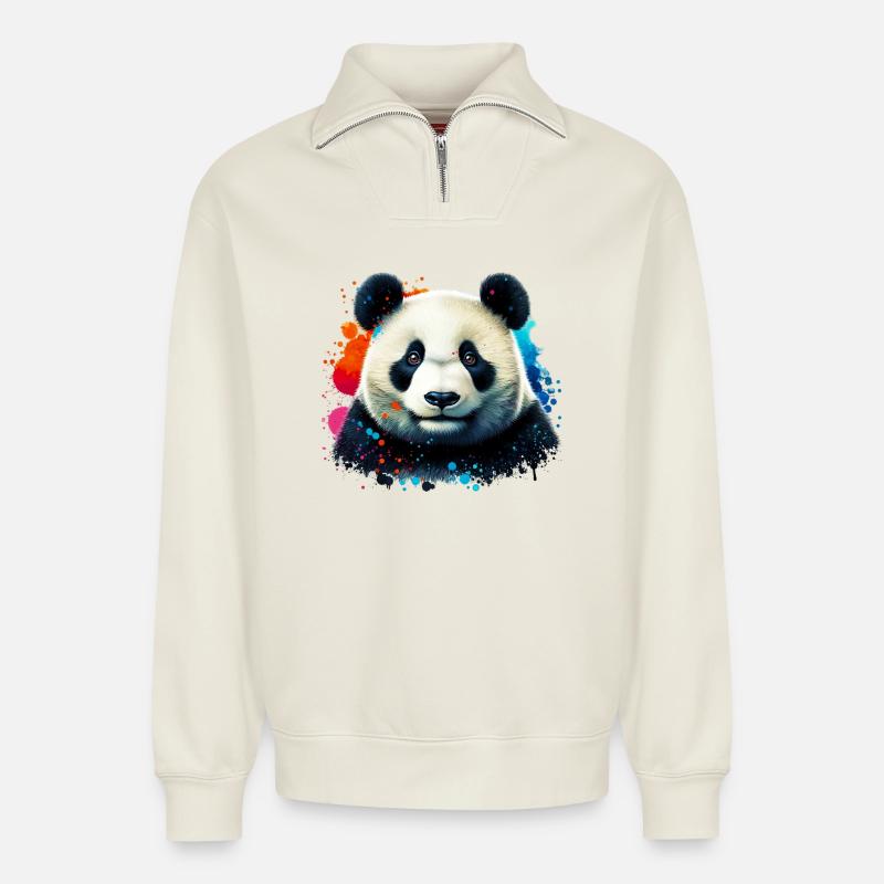 Panda - Relaxed Unisex Organic Half Zip Sweatshirt – von SPREAD - Naturweiß