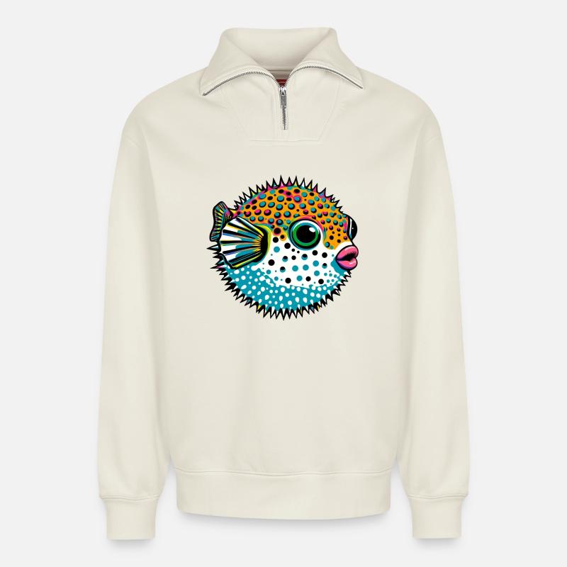 Kugelfisch - Relaxed Unisex Organic Half Zip Sweatshirt – von SPREAD - Naturweiß