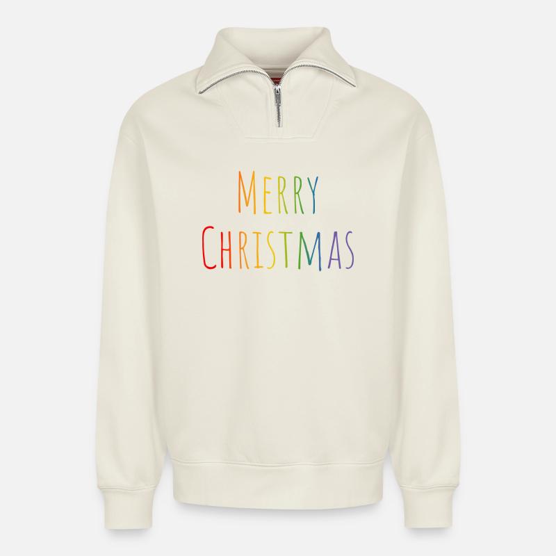 Joyeux Noël arc-en-ciel - Sweat unisexe décontracté en coton biologique à demi-zip – de SPREAD - blanc cassé