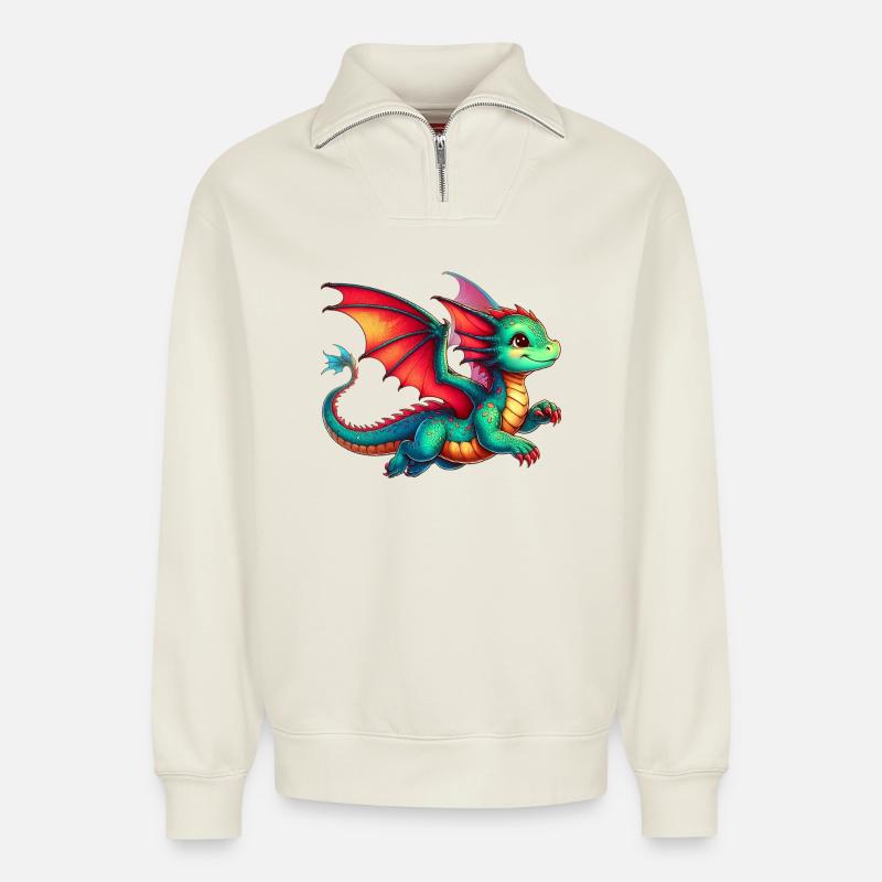 Drache - Relaxed Unisex Organic Half Zip Sweatshirt – von SPREAD - Naturweiß