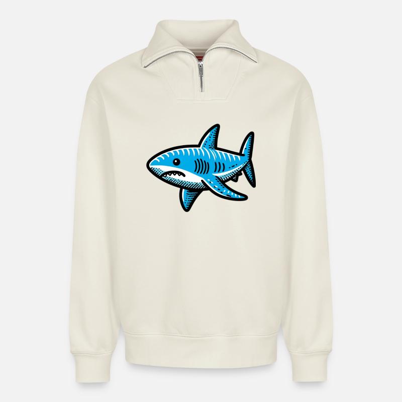 Requin - Sweat unisexe décontracté en coton biologique à demi-zip – de SPREAD - blanc cassé