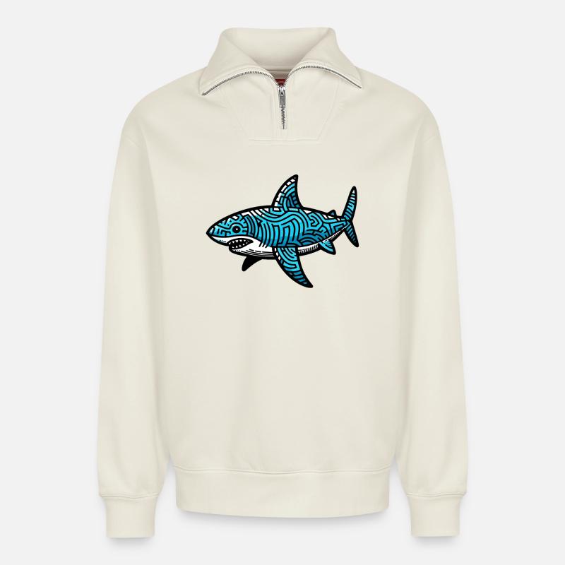 Requin - Sweat unisexe décontracté en coton biologique à demi-zip – de SPREAD - blanc cassé